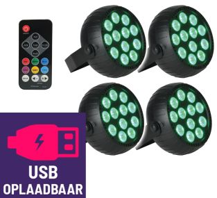Zestaw 4 mini reflektorów LED Qtx PAR o mocy 18 W z możliwością ładowania przez USB