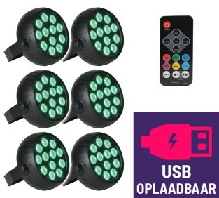 Zestaw 6 mini reflektorów LED Qtx PAR o mocy 18 W z możliwością ładowania przez USB