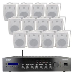 System nagłośnieniowy do obiektów hotelowych, biurowych lub handlowych z 12 głośnikami i wzmacniaczem WiFi o mocy 240 W