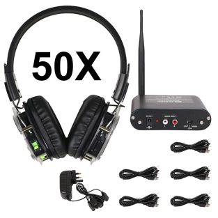 Zestaw Silent Disco z 50 słuchawkami, w tym nadajnikiem i ładowarką