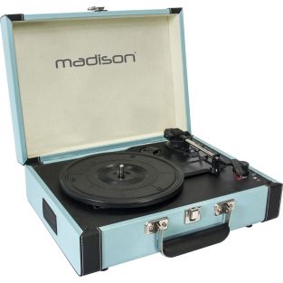 Niebieskie etui na gramofon w stylu vintage Madison z funkcją Bluetooth, USB, SD i nagrywania