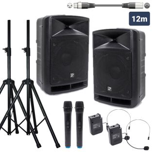 Kompletny system nagłośnieniowy Travelsound 12VHF, obejmujący statywy, mikrofony i słuchawki