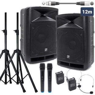 Kompletny system nagłośnieniowy Travelsound 15VHF, obejmujący statywy, mikrofony i zestawy słuchawkowe